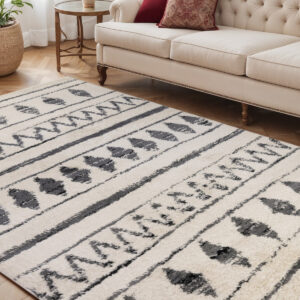 5' X 8' Black and Off White Geometric Shag Area Rug