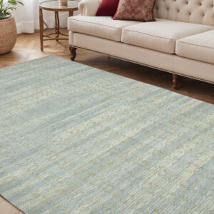 5' X 8' Light Blue And Tan Jute Geometric Flatweave Handmade Area Rug