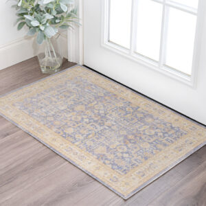 2' X 3' Blue and Yellow Oriental Power Loom Worn Faded Area Rug