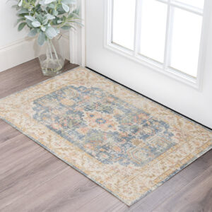 2' X 3' Coral and Blue Oriental Power Loom Worn Faded Area Rug