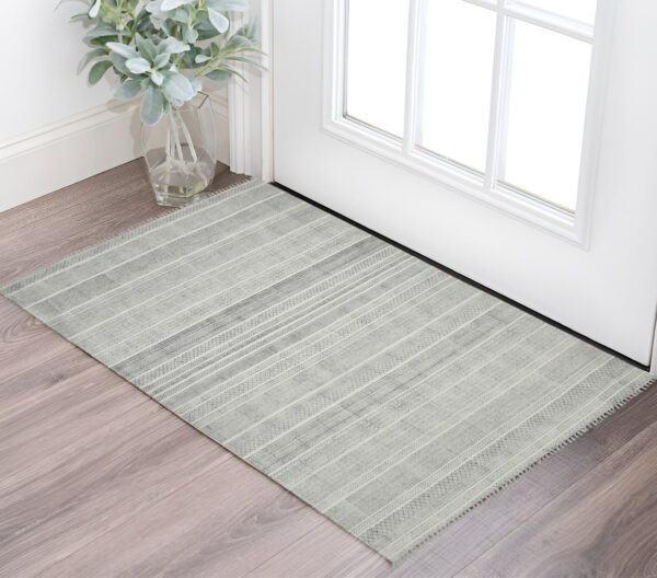 2' X 3' Ivory And Black Geometric Flatweave Handmade Distressed Area Rug With Fringe