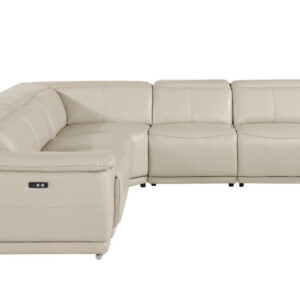 Beige Italian Leather Power Reclining U Shaped Five Piece Corner Sectional With Console