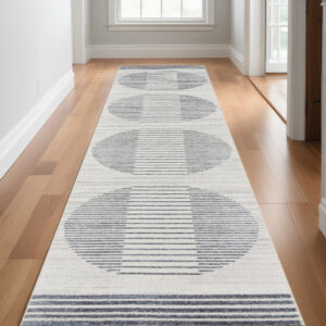 12' Blue And Ivory Geometric Washable Runner Rug