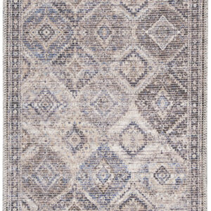 8' Ivory and Tan Floral Power Loom Distressed Washable Runner Rug