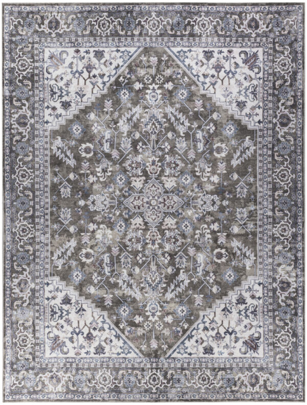 9' X 12' Green and Ivory Floral Power Loom Distressed Washable Area Rug