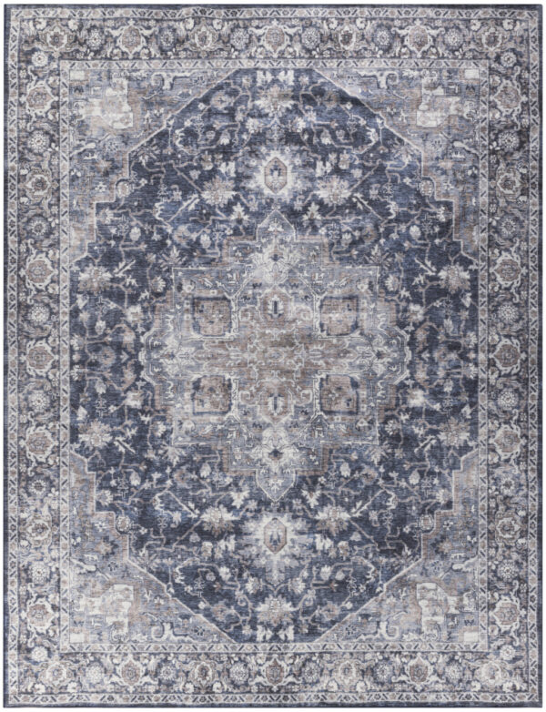 9' X 12' Blue and Ivory Floral Power Loom Distressed Washable Area Rug
