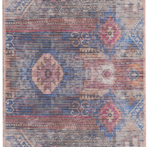 10' Blue and Red Geometric Power Loom Distressed Washable Runner Rug