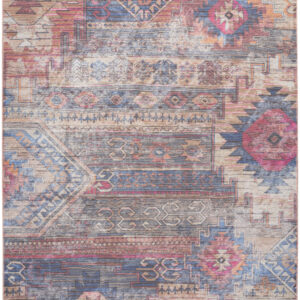 8' X 10' Blue and Red Geometric Power Loom Distressed Washable Area Rug