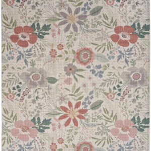 6' X 9' Ivory Green and Red Floral Power Loom Washable Non Skid Area Rug
