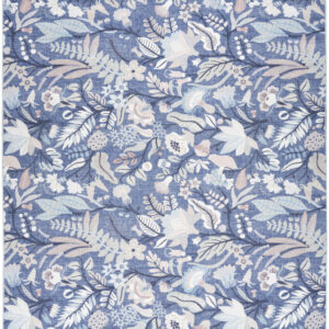 8' X 10' Blue and Off White Floral Power Loom Washable Non Skid Area Rug