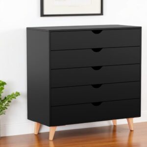 36" Black And Natural Wood Five Drawer Dresser