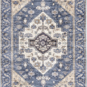 4' X 6' Blue and Beige Oriental Power Loom Distressed Washable Non Skid Area Rug