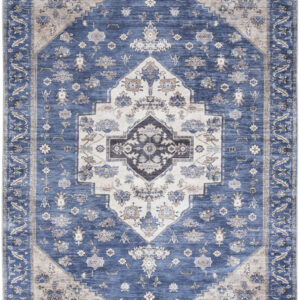 5' X 7' Blue and Beige Oriental Power Loom Distressed Washable Non Skid Area Rug