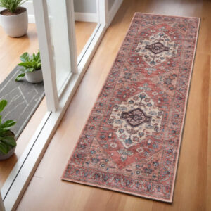 6' Red And Ivory Oriental Distressed Washable Runner Rug