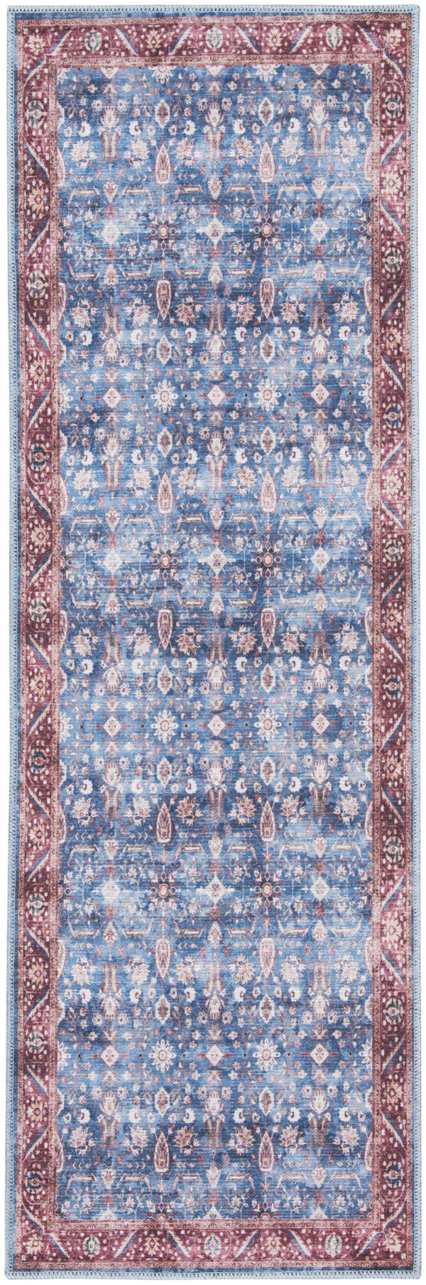6' Blue and Red Oriental Power Loom Distressed Washable Non Skid Runner Rug - Image 2
