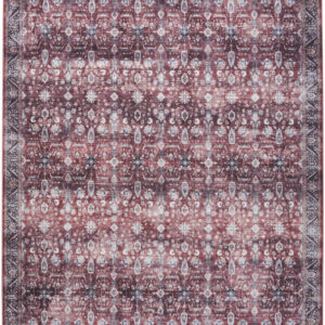 8' X 10' Red and Ivory Oriental Power Loom Distressed Washable Non Skid Area Rug