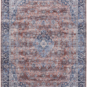9' X 12' Blue and Red Oriental Power Loom Distressed Washable Non Skid Area Rug
