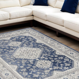 8' X 10' Ivory Blue and Gray Oriental Power Loom Area Rug