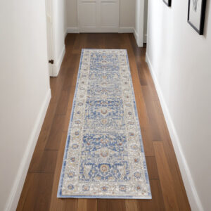 8' Blue And Gray Oriental Runner Rug