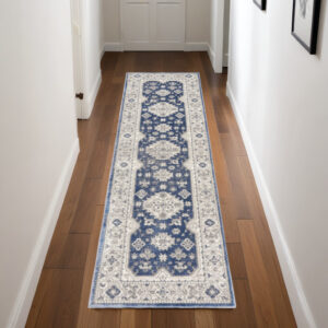 8' Blue And Gray Medallion Runner Rug
