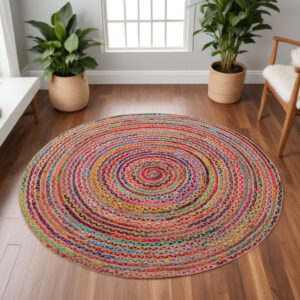 7' Tan Round Geometric Hand Braided Area Rug