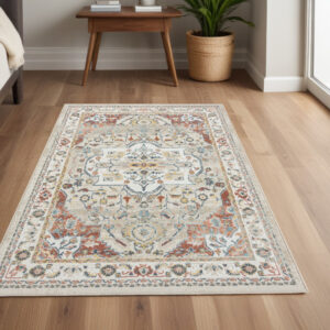 4' X 6' Ivory and Red Oriental Power Loom Area Rug