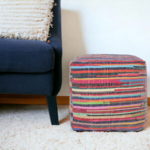 18" Red And Black Cotton Cube Striped Pouf Ottoman
