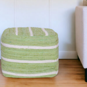 18" Green And White Cotton Cube Striped Pouf Ottoman