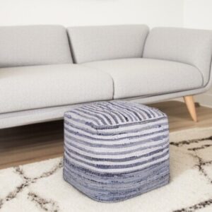 18" Blue Cotton Cube Striped Pouf Ottoman