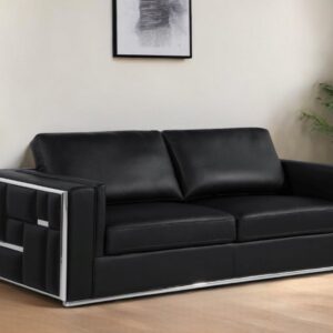 89" Black Italian Leather Sofa With Silver Legs