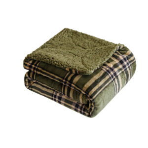 50" X 60" Green Cream and Black Velvet Plaid Plush Throw Blanket