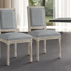 Set of Two Gray and Brown Upholstered Linen Dining Side Chairs