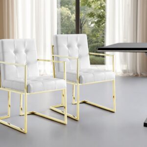 Set of Two Tufted White and Gold Upholstered Faux Leather Dining Arm Chairs