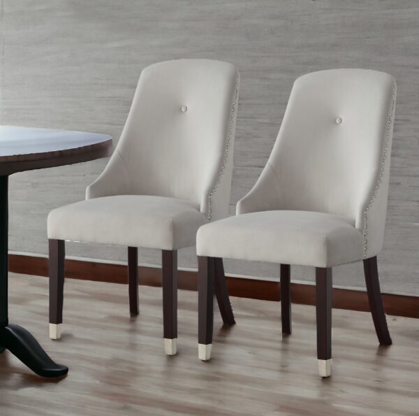 Set of Two Tufted Light Gray And Espresso Upholstered Velvet Dining Side Chairs