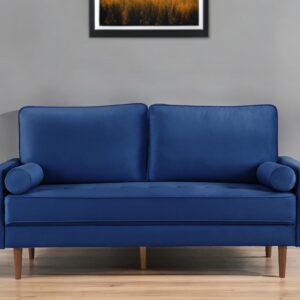 69" Blue Velvet Sofa And Toss Pillows With Dark Brown Legs