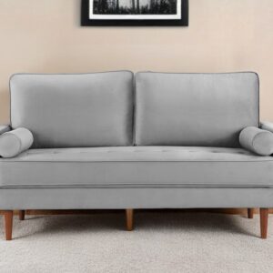 69" Gray Velvet Sofa And Toss Pillows With Dark Brown Legs