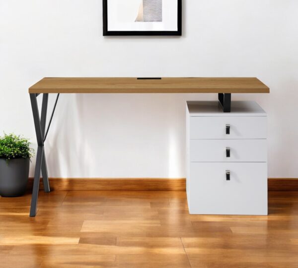 55" Natural and Black Wood and Metal Writing Desk With Three Drawers