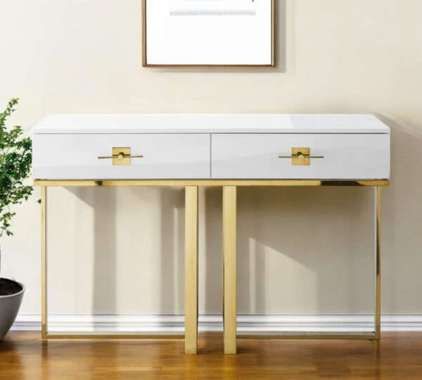 47" White Wood and Gold Stainless Steel Sled Console Table With Two Drawers