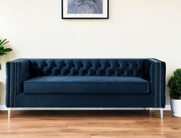 84" Navy Blue Velvet Sofa With Silver Legs