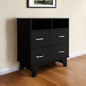 32" Black Two Drawer Dresser With Open Shelving