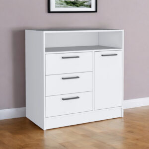 36" White Three Drawer Combo Dresser With Open Shelf