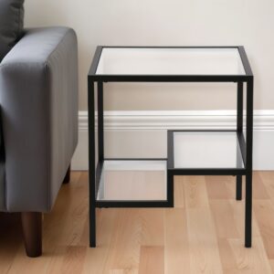 22" Black And Clear Glass And Steel Square End Table With Two Shelves