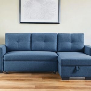 92" Blue Polyester Blend Convertible Futon Sleeper Sofa With Black Legs