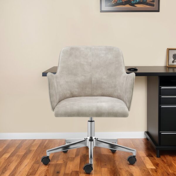 Beige and Silver Steel and Velvet Adjustable Swivel Rolling Conference Office Chair