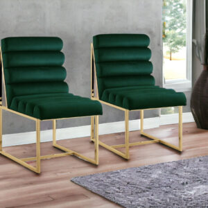 Set of Two Tufted Hunter Green And Gold Upholstered Velvet Dining Side Chairs
