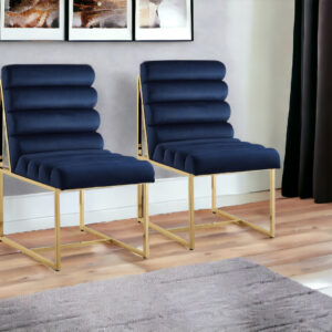 Set of Two Tufted Navy Blue And Gold Upholstered Velvet Dining Side Chairs