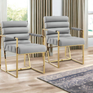 Set of Two Tufted Gray And Gold Upholstered Faux Leather Dining Arm Chairs