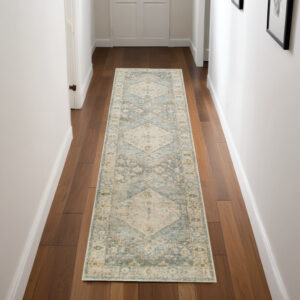 8' Blue And Silver Floral Medallion Distressed Washable Runner Rug