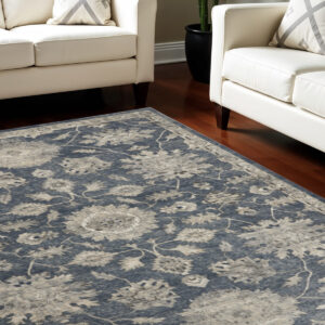 9' X 12' Beige and Blue Floral Medallion Power Loom Area Rug