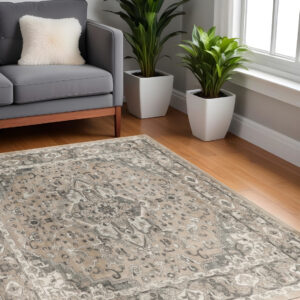 4' Beige and Gray Square Medallion Power Loom Distressed Area Rug